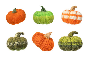 Set of orange green knitted pumpkins isolated on transparent background. Halloween concept. Creativity, hobby, knitting of decorative elements and toys. Design element