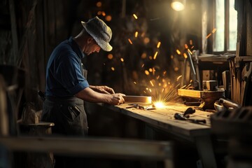 Craftsman works on wood with tools in a rustic workshop during late afternoon light