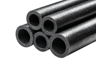 Manufacturing process of black foam tubes factory product isolated on transparent background