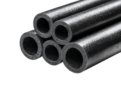 Manufacturing process of black foam tubes factory product isolated on transparent background