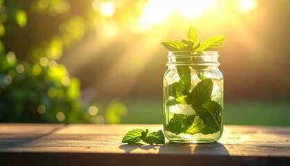 Refreshing Mint Infused Water in a Mason Jar on a Wooden Table with Golden Sunlight
