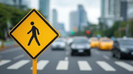Crosswalk Sign in a Bustling Urban Area With Traffic and Skyscrapers in the Background During a Cloudy Day