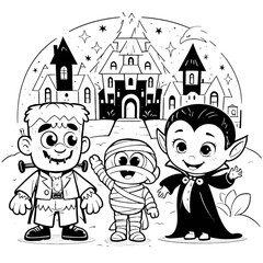 cute halloween vampire and mummy coloring book vector image illustration
