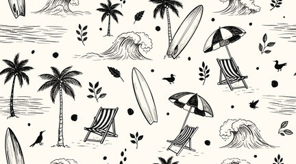 Vector art of a seamless beach pattern featuring palm trees, surfboards, and waves, perfect for a summer vibe and tropical themes, evoking a sense of relaxation and vacation