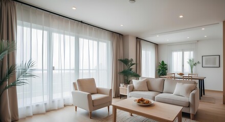 Fototapeta premium modern living room interior, featuring neutral-colored furniture like a light beige sofa and chairs