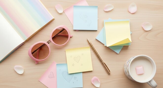Creative workspace with pastel stationery and accessories for planning inspiration