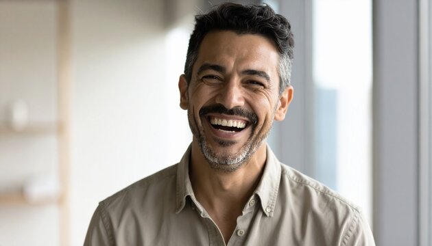 A middle-aged man with a beard and dark hair is laughing heartily, showing his teeth and looking directly at the camera, with a blurred background.