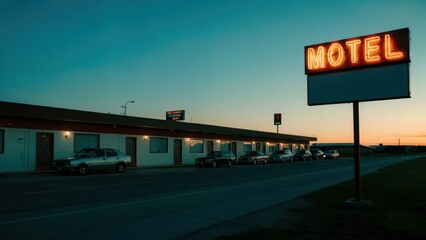 Illuminated motel sign at dusk with cars parked outside rooms along a roadside building view at twilight