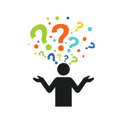Confused person with colorful question marks floating above head thinking concept vector