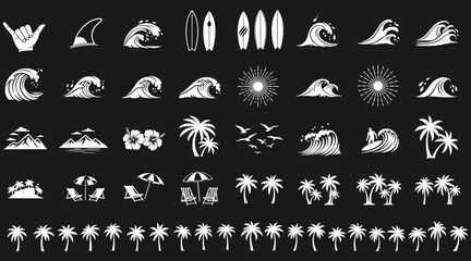 Vector art of set of vector design elements for summer holidays, beach vacation, surfing and tropical lifestyle includes palm trees, waves, surfboards, and other summerthemed icons