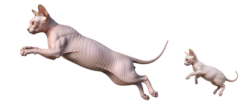 An adult Sphynx cat and its playful kitten leap joyfully against a plain white background. Their energetic jumps highlight their unique appearance and lively spirit.