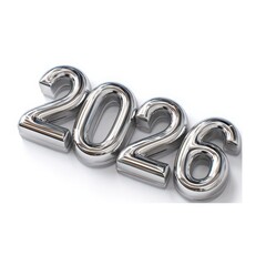 Fototapeta premium New Year's Metallic: The new year 2026 is displayed by three-dimensional metallic numbers, with a futuristic look and design. The shiny figures symbolize anticipation and hope. 