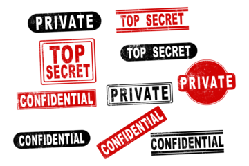 Top secret and disclaimer stamp collection. Set of rubber stamp labels including Top Secret, Disclaimer, Private, and more. Designed in red and black with distressed textures