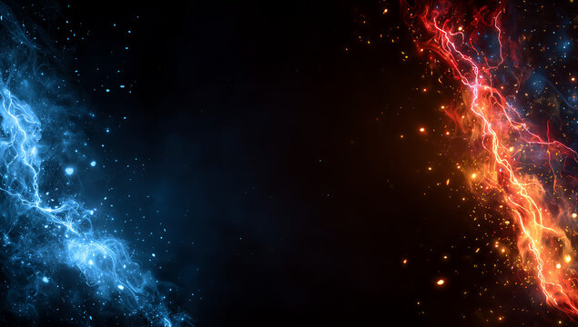 Minimalist fire background with red and blue flames on a black backdrop. Fog in red blue neon light on black background.