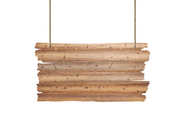 Wooden sign hanging on a rope on white background