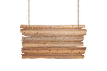 Wooden sign hanging on a rope on white background