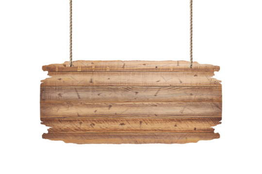 Wooden sign hanging on a rope on white background