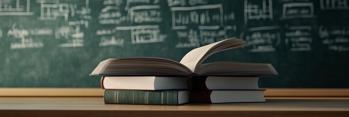 Open book is lying on a stack of closed books on a wooden desk in front of a green chalkboard with mathematical equations written on it, suggesting a back to school or educational setting