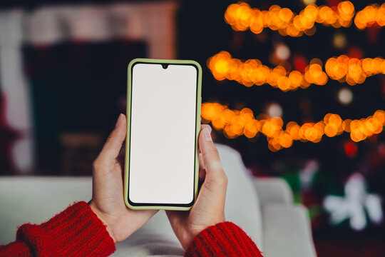 Funny cozy holiday moment a woman in a red sweater holds a smartphone in front of a lit Christmas tree indoors