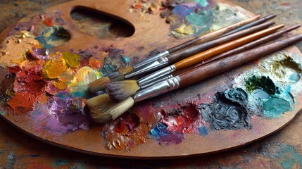 Fototapeta premium Artist’s painting palette with brushes, symbolizing hobby, art therapy, and craft.