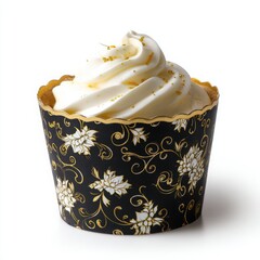 Exquisite Delight: A close-up shot of a single cupcake with a delicate swirl of creamy frosting, set within an elegant patterned cup. 