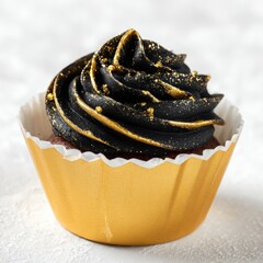 Golden Glamour Cupcake: An elegant cupcake with black frosting, detailed with edible golden accents, is displayed in a matching golden paper cup.