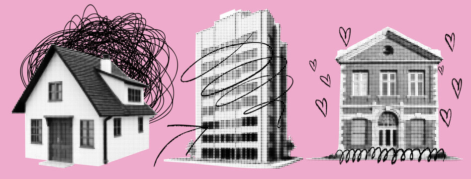 Pink House Set Background. Scribble building collage with heart arrows for y2k real estate bg..