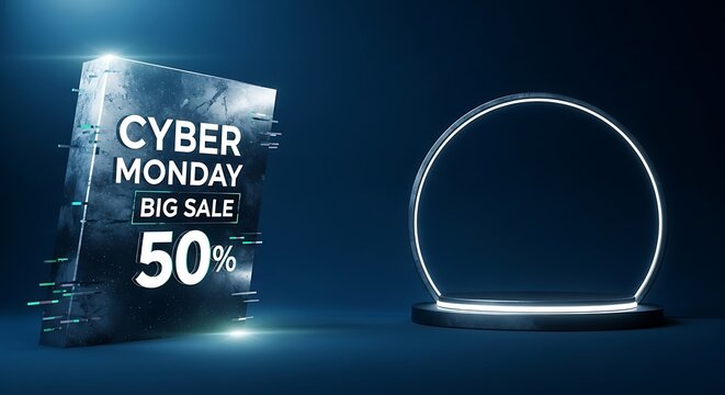 Cyber Monday big sale get 50% off limited time promotion with modern display stand for product showcase