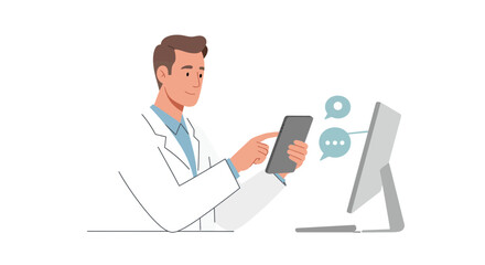 Confident doctor using tablet for remote patient communication, offering accessible telehealth with modern technology, ensuring secure virtual healthcare solutions