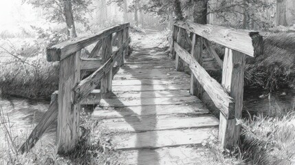 A detailed grayscale drawing depicts a rustic wooden footbridge spanning a shallow waterway, nestled within a tranquil wooded setting.  The 