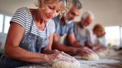 Seniors baking bread together in community kitchen
