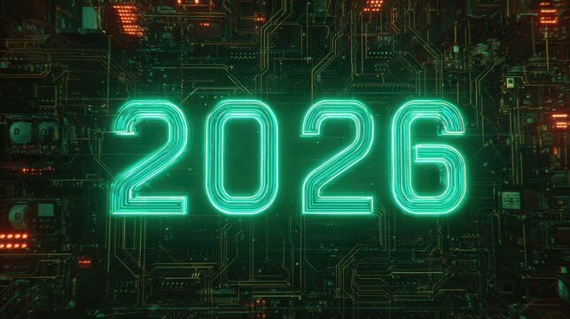Digital Dawn of 2026: A luminous display reveals the year 2026, set against an intricate circuit board background, a vivid representation of future technological advancement.