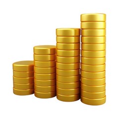 Four stacks of golden coins arranged in ascending height isolated on white background