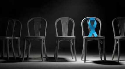 Hope and Solidarity: In a poignant visual, a solitary blue ribbon rests upon a chair amidst a row of chairs, symbolizing support, awareness, and solidarity for a significant cause.