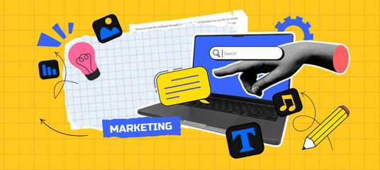 Contemporary banner with a computer, halftone hand, speech bubble, icons, and text. Art Collage marketing and business on the paper glued on tape and arrow. Concept social media, news. vector elements