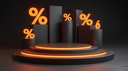 Financial Percentages on Stage: Illuminated percentage symbols are dramatically displayed on a sleek, multi-tiered stage, symbolizing financial gains, discounts, or rates in a modern, elegant design.