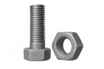 Bolt and nut standing together, showing industrial fasteners and mechanical engineering components with transparent background