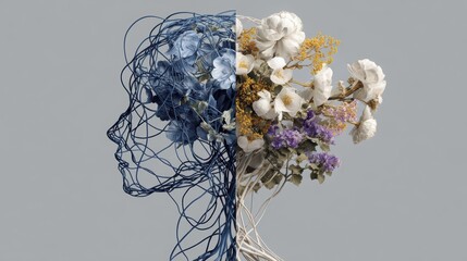 Mind Bloom: A symbolic representation of the human mind, transitioning from a state of shadows to a flourishing garden of ideas and emotions, blossoming with life and creativity.