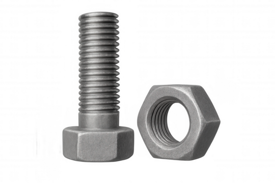 Bolt and nut standing together, showing industrial fasteners and mechanical engineering components with transparent background