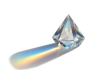 Diamond-shaped prism refracting light, forming a colorful rainbow and shadow