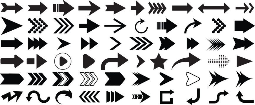 Arrow icon set. Arrow. Cursor. Black vector arrows icons. Collection different arrows sign. Modern simple arrows. Black arrow pointing to the right. Black direction pointer. Vector illustration.