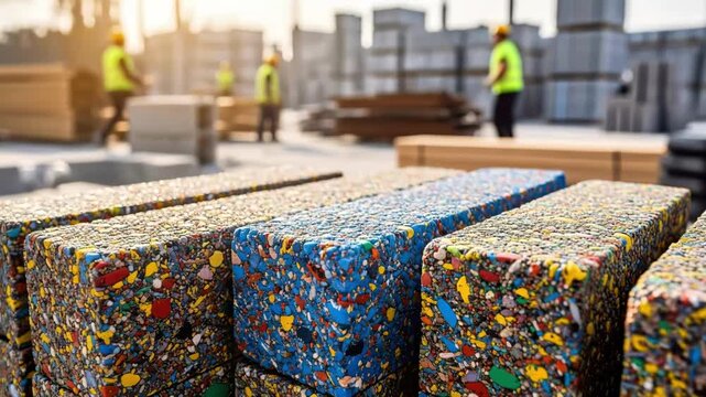 Recycled plastic bricks with rough surface in warm daylight during construction site. Construction involves colorful bricks made from recycled materials stacked neatly,