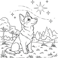 Cute German Shepherd Dogs Coloring Page for Kids and Adults Outline Puppy  with Forest and Night Sky Background