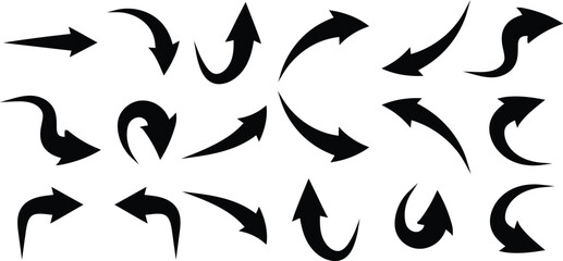 Various bold drawn curved arrows. Collection doodle marker thick arrows in different directions. Hand drawn vector direction pointers. Curved and wavy strokes with scratches. 