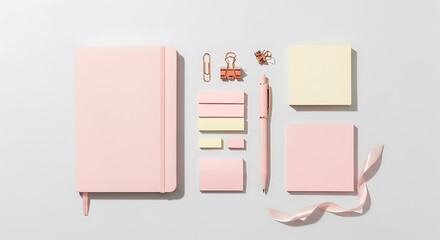Feminine workspace with pink notebook pen and stationery items flatlay