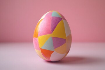 Single Easter egg adorned with abstract hand painted geometric shapes in vibrant pastel colors, celebrating spring and holiday