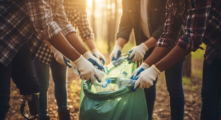 Diverse group collaborates on environmental cleanup, gathering plastic bottles for recycling in a sunlit forest.