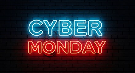 Fototapeta premium Bright neon 'Cyber Monday' signs glow against a dark brick wall, perfect for seasonal sales promotions.