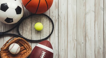 Vibrant collection of popular sports equipment arranged on rustic wooden background, ready for action