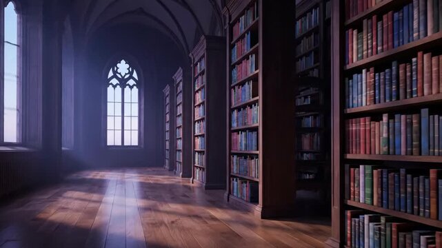 Hallway lined with bookshelves and window, light streaming through